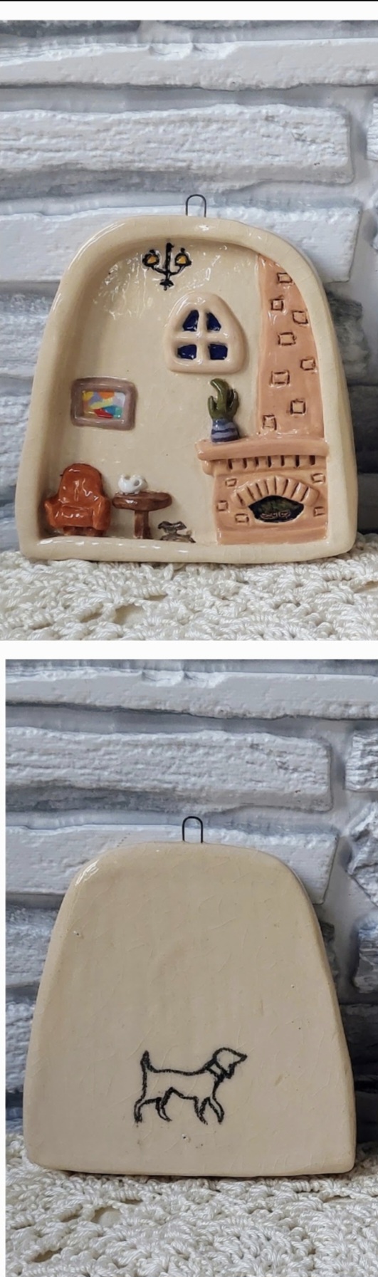 Кермическое панно "комната с собачкой" из белой глины. — decor din lut lucrat manual, Little Art House / Ceramic & Decoupage